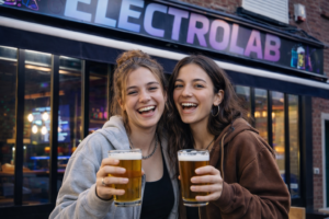 Vue extérieure de l'ElectroLab Bar Amiens, mettant en avant sa façade moderne et son emplacement privilégié.